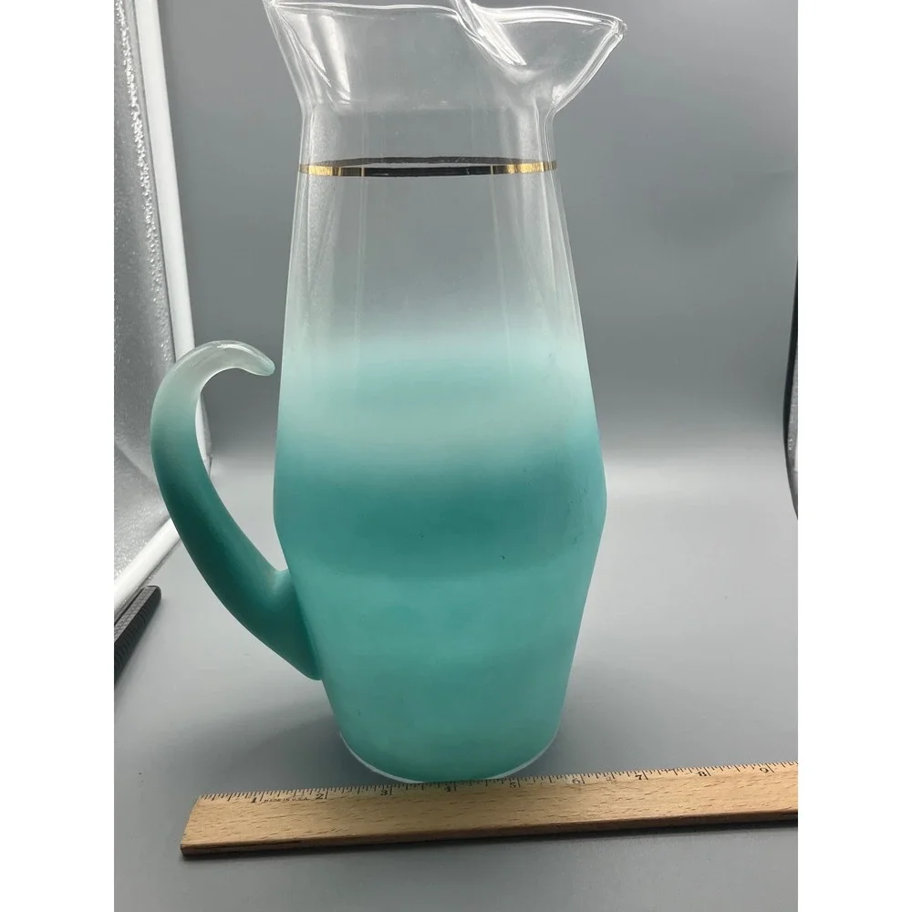 Vtg Blendo Glass Pitcher Frosted Turquoise MCM Vintage 1950 Gold Trim‎ W.V.